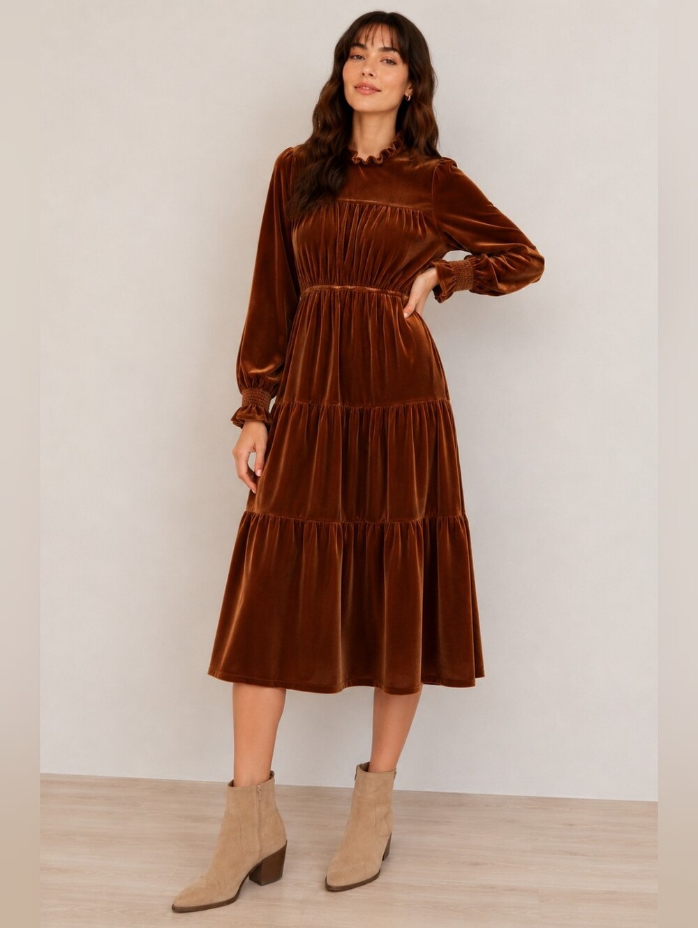 NWT Icone By Simons Velvet Tiered Midi Dress Ruffle Mock Neck Sz P/S Brown Boho